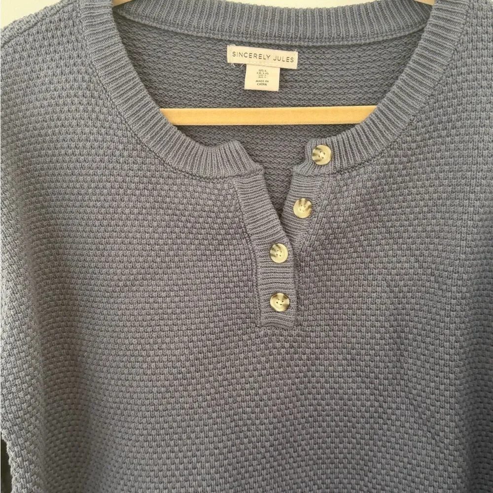 Sincerely Jules Slate Blue Waffle Knit 3/4 button Sweater size large